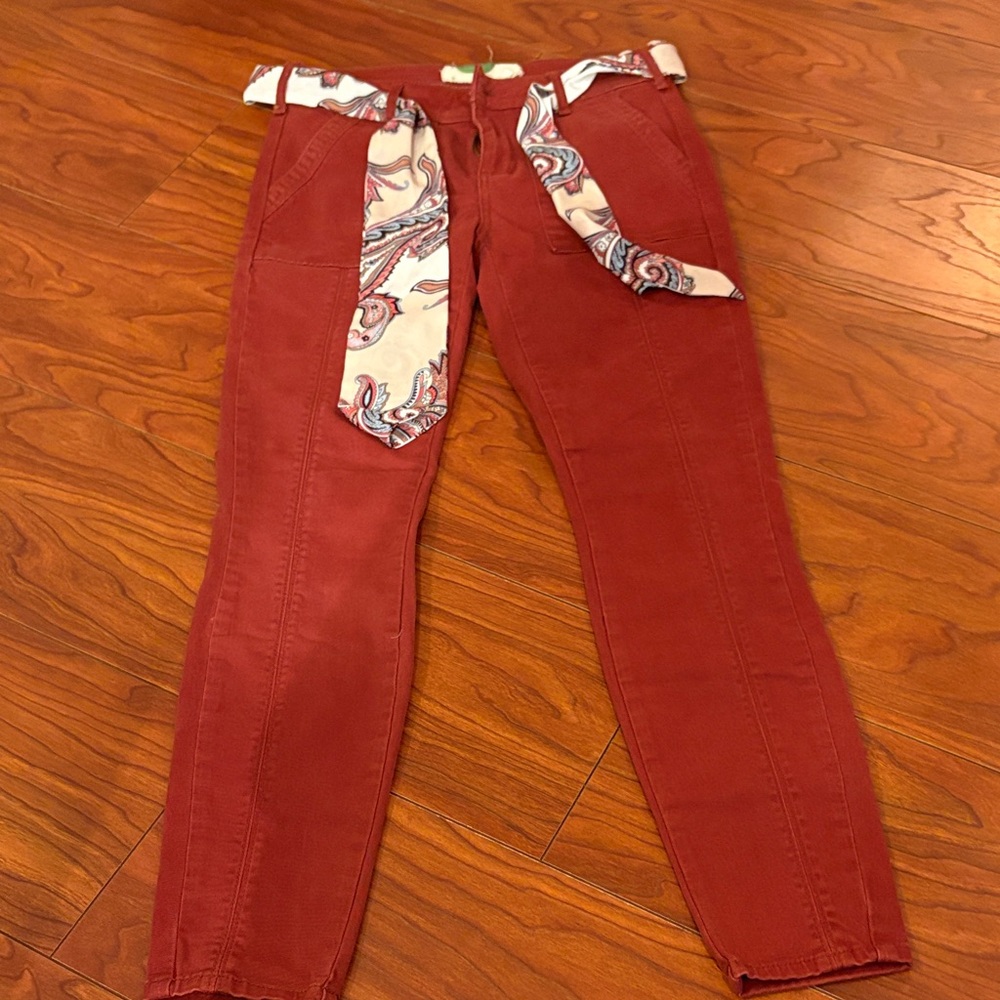 Anthropologie Red Ankle Jeans with Paisley Belt
